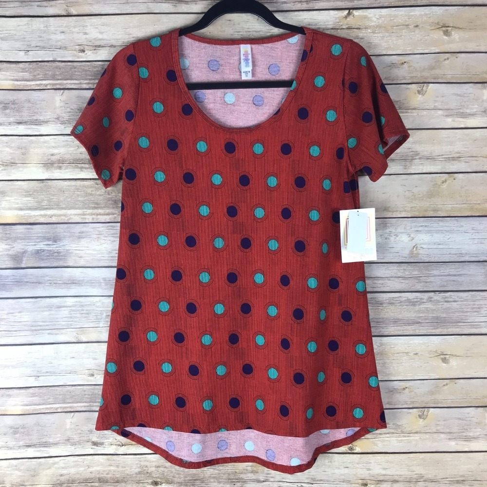 Lularoe Top Womens XS Classic Tee Polka Dot Orange Short Sleeve Scoop Neck Basic